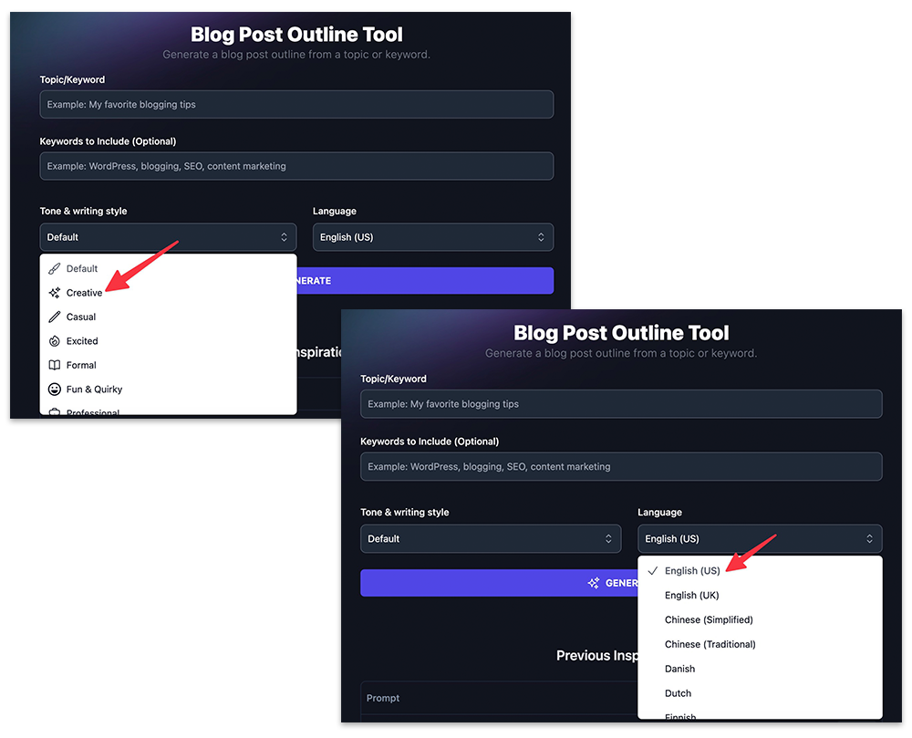 Blog Post Outline Tool in RightBlogger (Screenshot) of Tone and Language Options